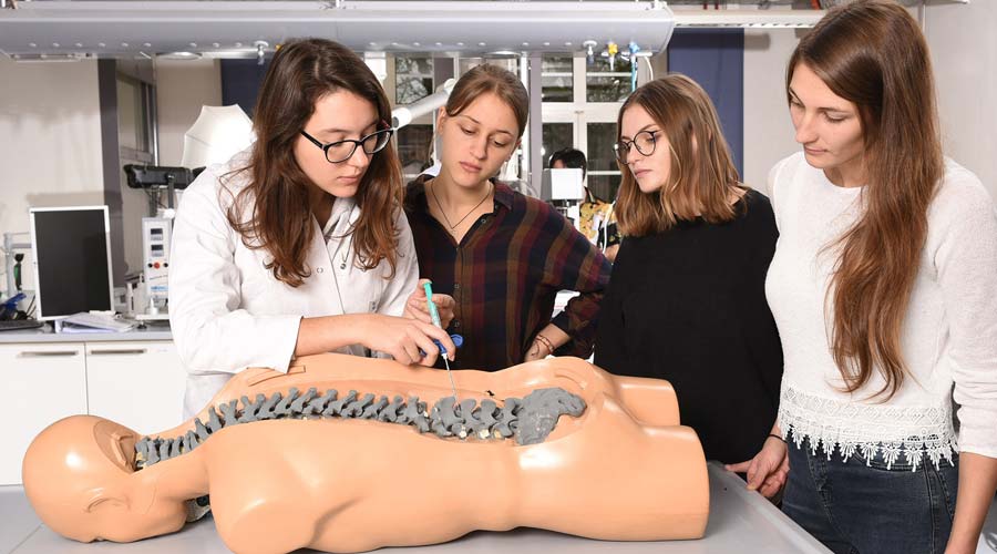 Studierende der Biomedizin forschen an einem Dummy